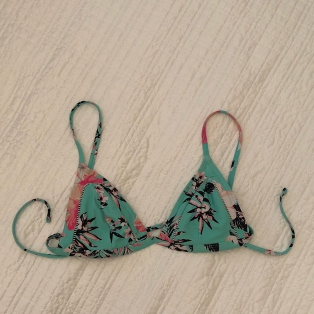 Turquoise Floral Bikini Top with Crochet Details